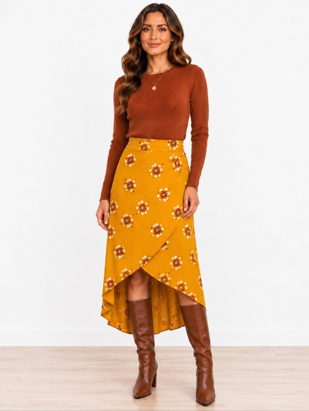 Soprano Mustard Floral Wrap High Low Midi Skirt Boho Size Small